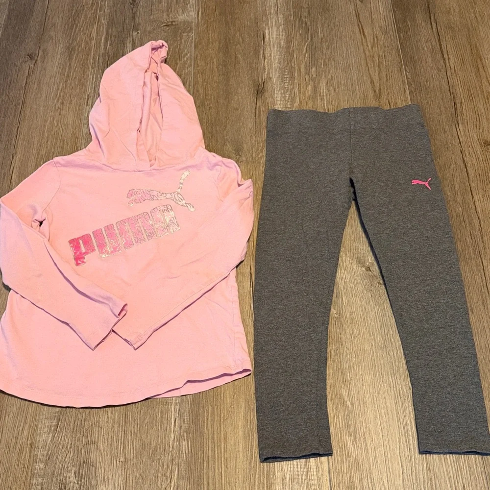 Puma Girls' Heather Gray Leggings with Pink Puma Shirt Logo Outfit